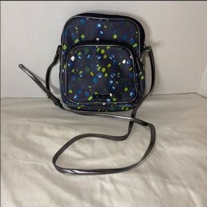Vera Bradley “Ink Spots” Double Zip Crossbody Faux Leather Navy Blue Lime Dot
